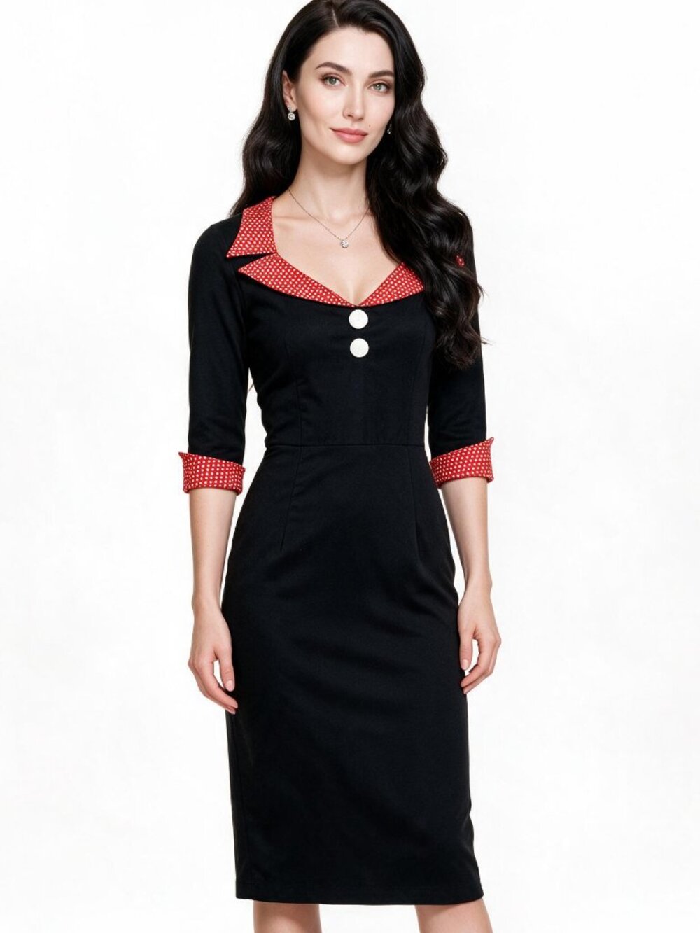 Pinky Pinups Retro Bodycon Wiggle Dress. Black w/ red & white polka dot collar